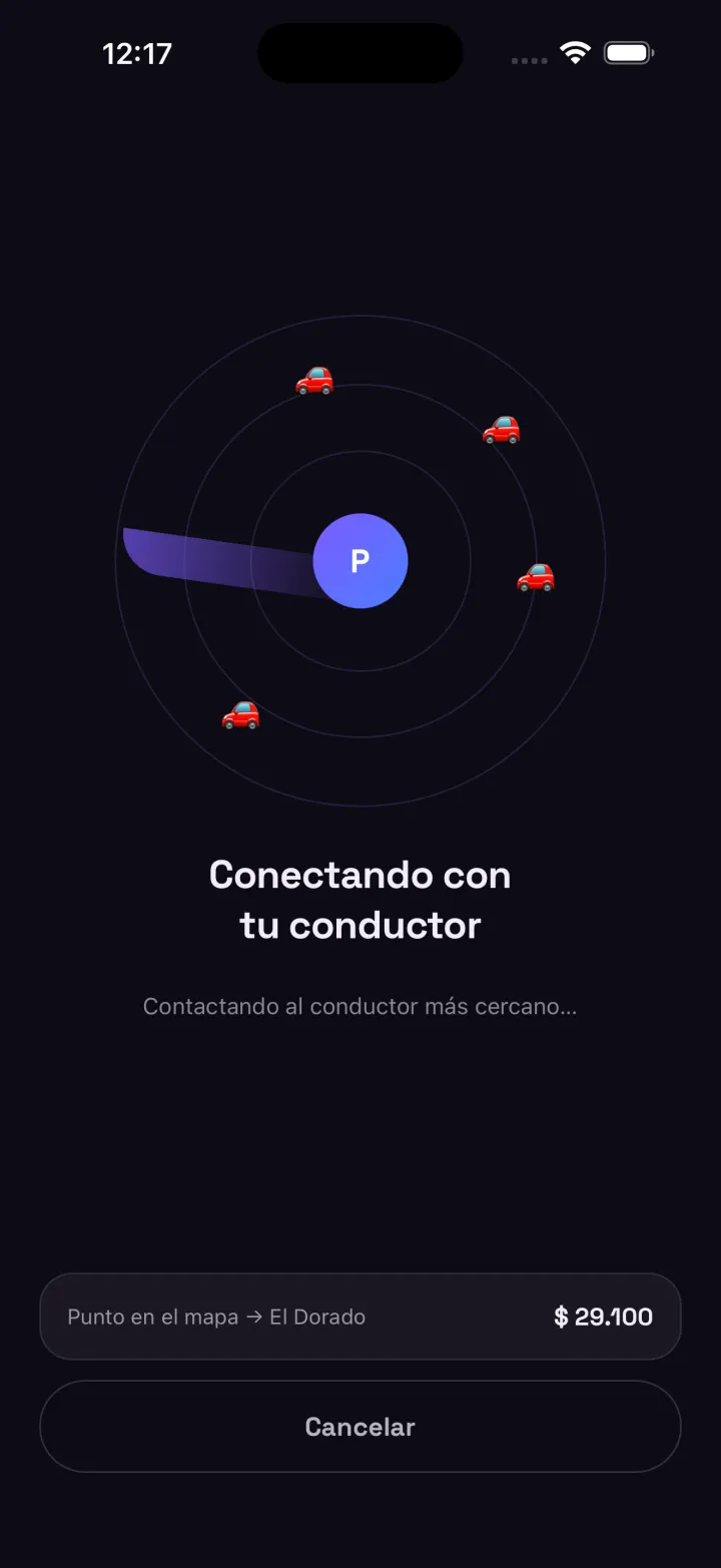 Pantalla de la app Pilot conectando al pasajero con el conductor más cercano