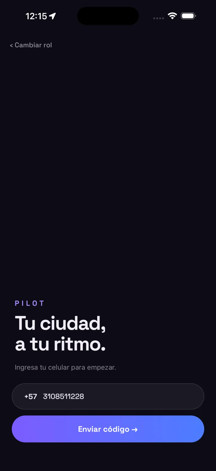 Pantalla de acceso a la app Pilot con el número de celular