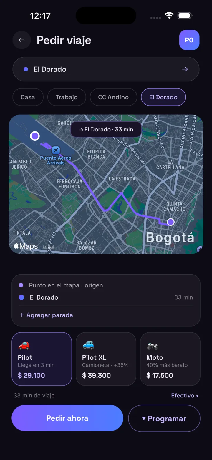 Pantalla de la app Pilot con la ruta del viaje en el mapa